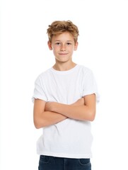 A young boy stands confidently with crossed arms. He wears a simple white t-shirt and casual jeans. This image captures innocence and a sense of adventurous spirit. AI