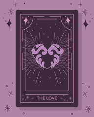 Stylized tarot card design in shades of purple featuring a heart symbol, celestial elements, and the title "The Love," creating a mystical and romantic theme.