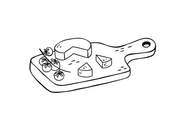 Wooden cutting board with cheese and cherry tomatoes on it. Hand drawn vector black and white illustration.