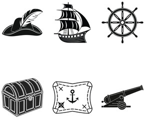 Pirate Treasure Silhouettes and Nautical Icons Set