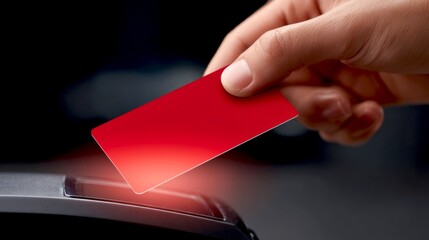 A hand holds a vibrant red card above a contactless payment terminal. This image captures the convenience of modern transactions. Ideal for tech and finance themes. AI