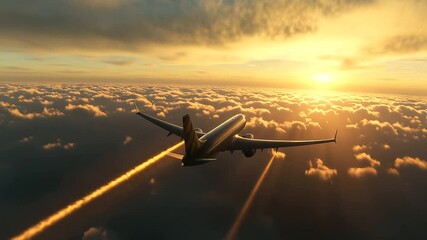 Passenger jet flying low as it begins descent, golden light streaking across wings, sky full of soft scattered clouds - Powered by Adobe