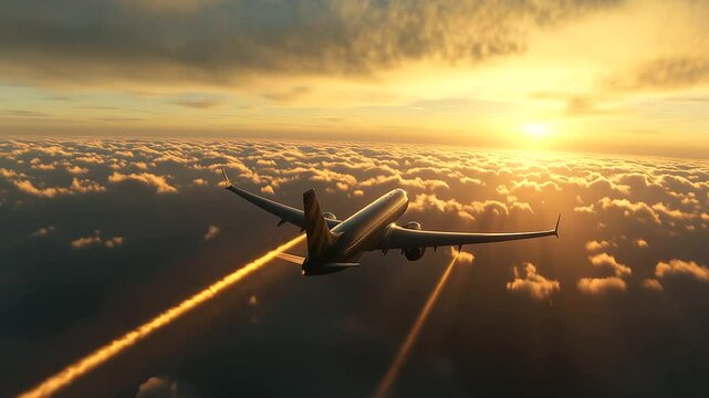 Passenger jet flying low as it begins descent, golden light streaking across wings, sky full of soft scattered clouds