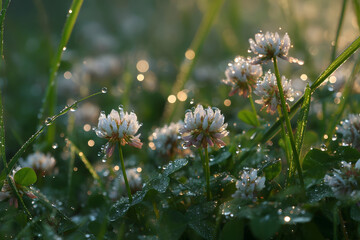Dewdrops on Clover Leaves at Sunrise