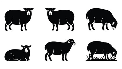 Sheep Silhouette Vector Set. Farm Animal Icons in Various Poses.