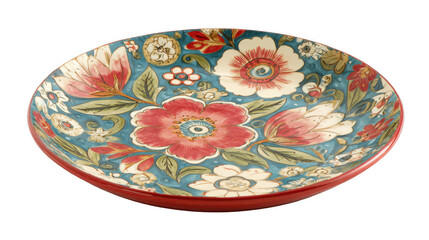 Decorative ceramic platter displaying vibrant red and white floral patterns against a blue background, isolated on a transparent backdrop for elegant culinary presentations