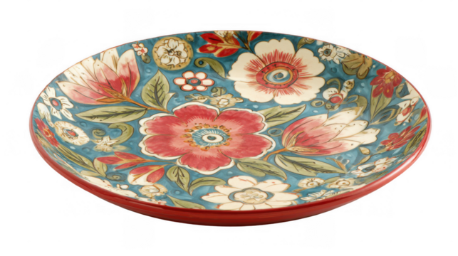 Decorative ceramic platter displaying vibrant red and white floral patterns against a blue background, isolated on a transparent backdrop for elegant culinary presentations
