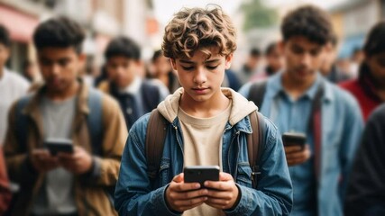A teenager with a smartphone in the middle of the street. Concept of digital addiction. Immersed in his digital world, he ignores people and everything around him. - Powered by Adobe
