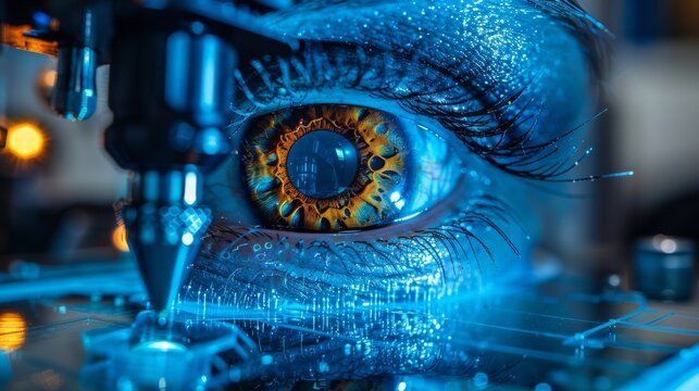 A close-up of a striking, futuristic eye showcasing intricate textures, vibrant colors, and a unique technological element emanating a glowing quality in blue tones.