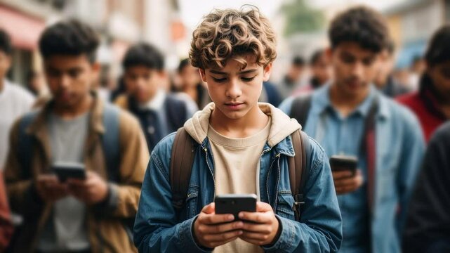 A teenager with a smartphone in the middle of the street. Concept of digital addiction. Immersed in his digital world, he ignores people and everything around him.