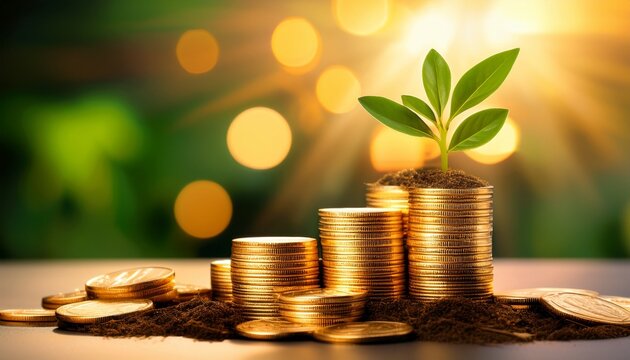 a decoder of gold coins with a green plant on a blurred background a financial growth concept