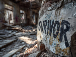 Surivor sign on a crumbling wall in a dilapidated building with debris and destruction in the...