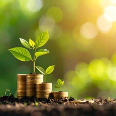 Plant growing on top of coins symbolizing fundamental investing and financial growth