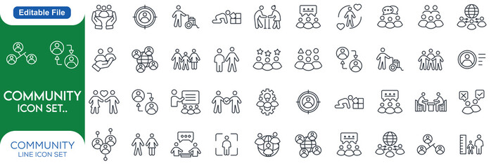 Community line editable icon set. Containing people, friendship, social, diversity, village, relationships, support and Line icon set..