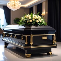 A casket adorned with fresh flowers on top for a respectful funeral tribute ceremony