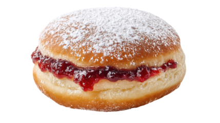 Delicious jelly-filled donut topped with powdered sugar. transparent background