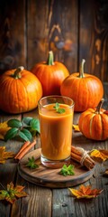 Pumpkin juice in a tumbler on a wooden table background