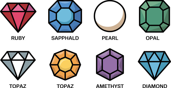 Gemstones ruby sapphald pearl opal topaz amethyst diamond jewelry precious collection vector illustration editable stock vector illustration