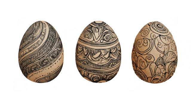 Three hand drawn easter eggs showcasing intricate decorative swirls and floral patterns are displayed against a transparent background, offering versatility for various design projects