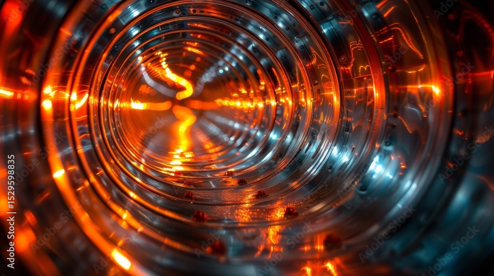 Aufkleber a mesmerizing view of a metallic tunnel illuminated with warm orange lights, creating a captivating 