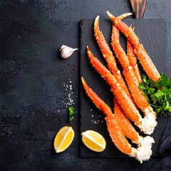 Delicious plate of cooked crab legs drizzled with garlic butter sauce ready to enjoy