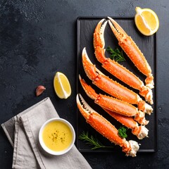 A plate of steamed crab legs drenched in garlic butter ready for indulgent dining experience