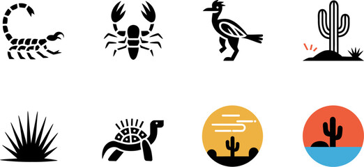 Desert animals and plants icons vector illustration set arid climate wildlife nature symbols graphic design editable stock vector illustration