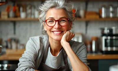 Smiling woman with gray hair works in cozy kitchen filled with fresh ingredients
