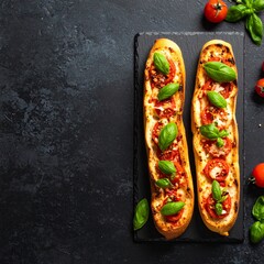 Two slice of pizza on a slate board displaying fresh ingredients and delicious toppings