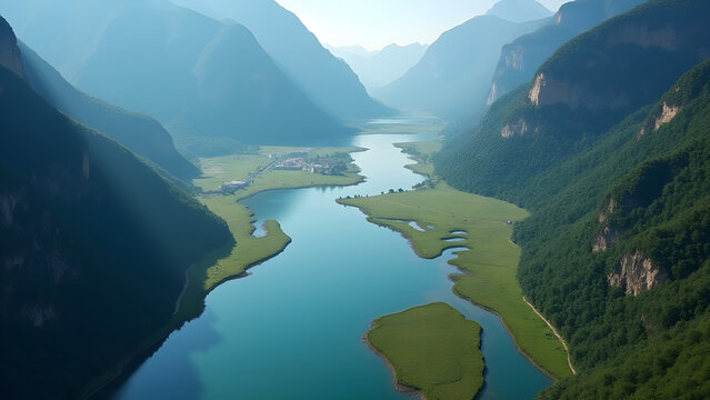 Aerial View of Stunning River Delta Landscape in Mountainous Region for Nature Enthusiasts and Travelers Seeking Scenic