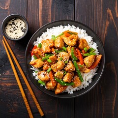 Bowl of general tso?s chicken served with rice and chops for a flavorful dinner