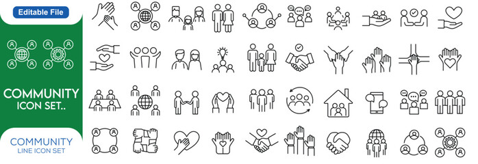Community Line editable stroke outline web icons set. Community, social, friendship, people, village, relationships, diversity, support and development. Vector line icon set..