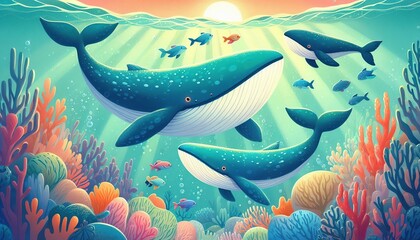  Stylized underwater illustration of whales swimming among colorful coral reef with tropical fish in vibrant cartoon art style