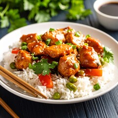 Delicious plate of general tso?s chicken with rice perfect for a satisfying meal experience