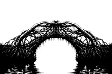 A grayscale image of a bridge made of intertwined roots reflected in the water below it on transparent background.