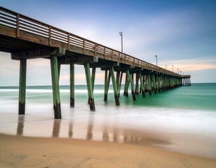 Naklejka premium Serene Coastal Wooden Pier at Sunrise Tranquil Ocean Waves and Sandy Beach