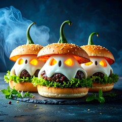 Two delicious hamburgers with unique faces displayed on a plate for a fun dining experience