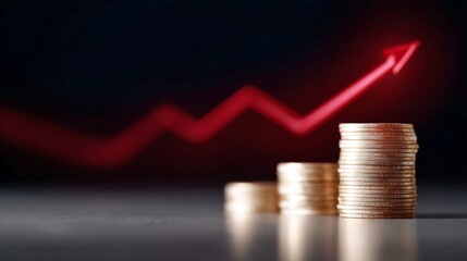 Stacks of coins shine against a dark background. A red graph line rises sharply, indicating growth and success in finance. This image represents investment strategies. AI