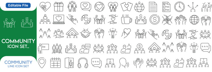 Community Line editable stroke outline web icons set. Community, social, friendship, people, village, relationships, diversity, support and development. Vector line icon set..