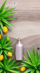Silver Tequila Bottle with Lemons and Limes on Wooden Background