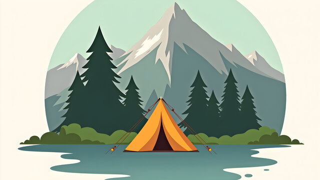 Camping Adventure Logo Design with Tent, Trees and Mountain Scenery