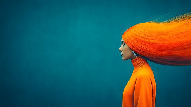 Futuristisches Frauenportr&auml;t im Profil mit langem, orangefarbenem Haar vor t&uuml;rkisblauem Hintergrund

