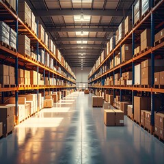 Warehouse interior with shelves filled with boxes highlighting global trade and logistics dynamics