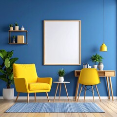 Blue wall adorned with a yellow chair and a plant in a white vase creating a vibrant space