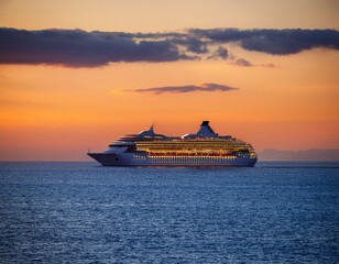 a luxury cruise ship sails on the sea its yellow lights glowing softly in the evening twilight