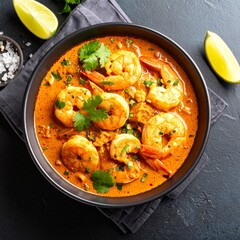 Delicious bowl of shrimp curry in traditional goan style with rich aromatic spices and herbs