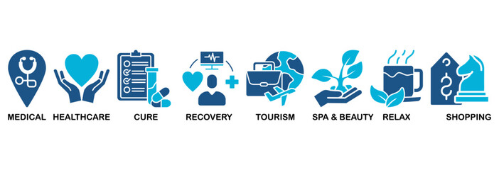 Medical tourism icon set vector illustration concept with icon of medical, healthcare, cure, recovery, tourism, spa, beauty, relax and shopping