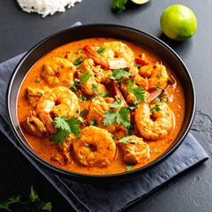 Savory goan prawn curry in a bowl with rich coconut sauce and fresh spices for dinner