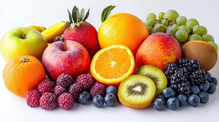 Assorted ripe fruits arranged on a clean white background 