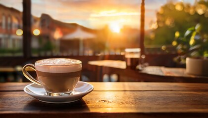 cozy coffeehouse scene at sunrise with creamy coffee latte on rustic table
